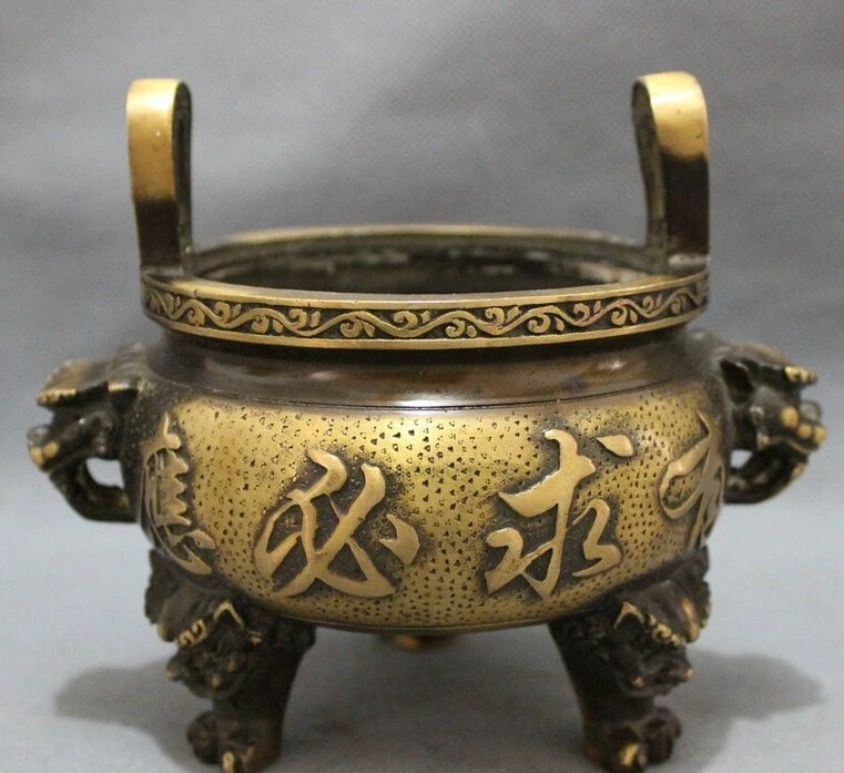 

Chinese Bronze FengShui Lion Head Statue Tibet Buddhist Incense Burner Censer