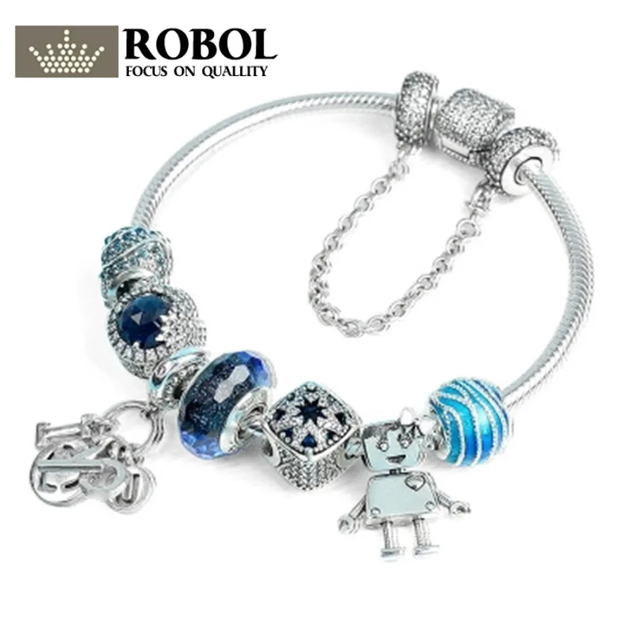 

ROBOL 100% 925 Sterling Silver Brand New 1:1 Genuine Charm Ocean Heart Bracelet Set Love and Friends Theme Bracelet