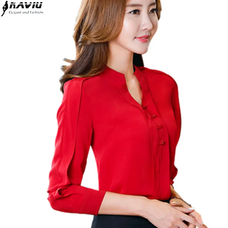 2017 Spring New women's V neck long sleeve red shirt fashion plus size