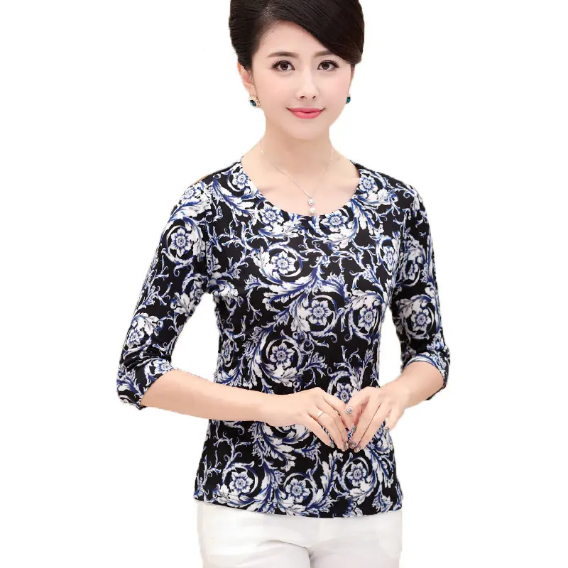 

100% Pure Silk Knit Print Womens Round Neck 3/4 Sleeve Bloouse Size L XL XXL 3XL