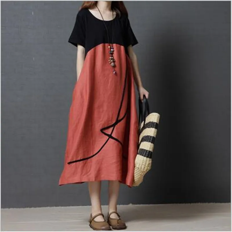 ilstile 2018 Mori Girls Style Women Short Sleeve Patchwork Long Dress Summer Casual Loose Cotton Linen Oversized Sundress | Женская