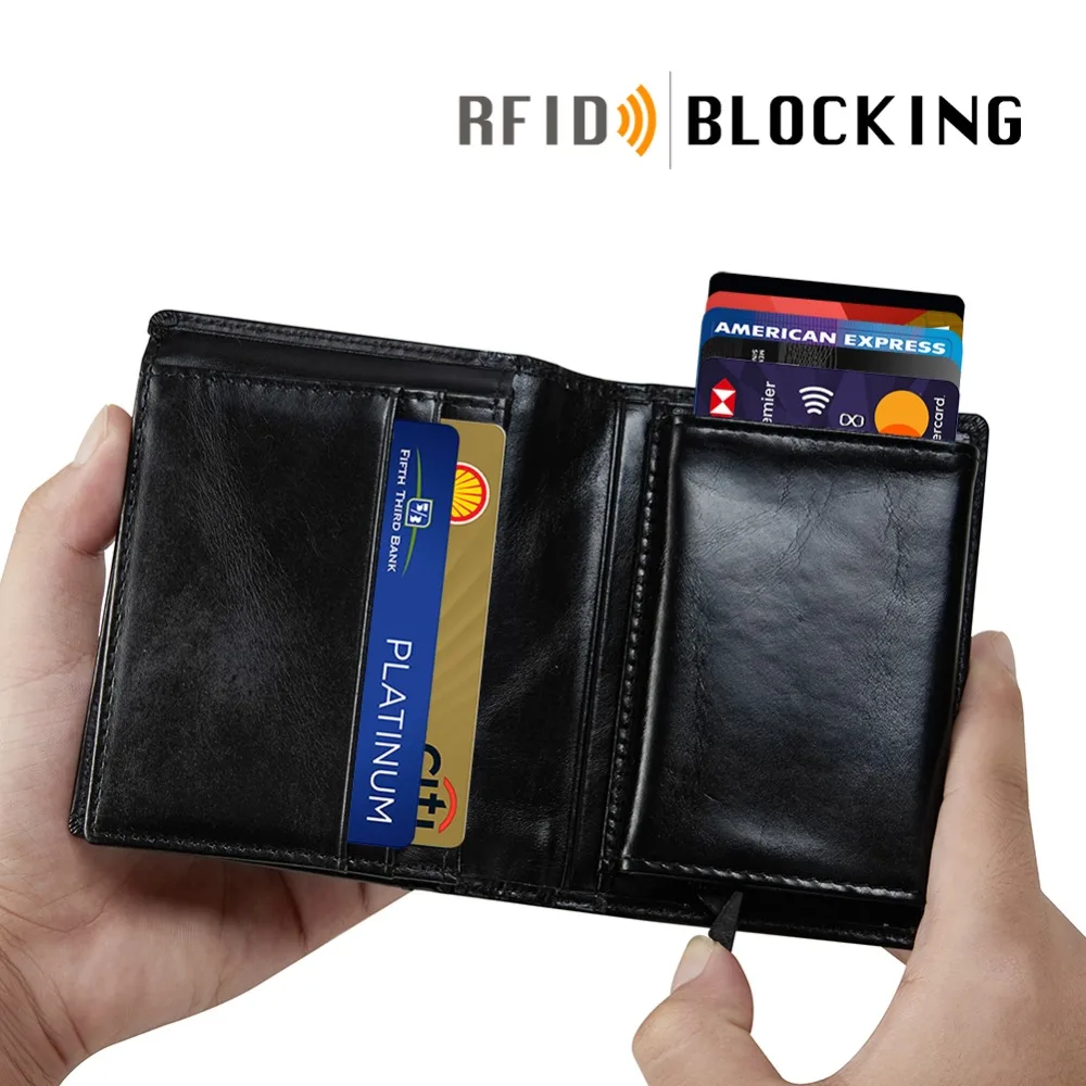 

Modoker Genuine Leather Men Smart Wallet RFID Blocking Aluminium Slim Metal Card Holders Automatic Credit Case Pocket Removable