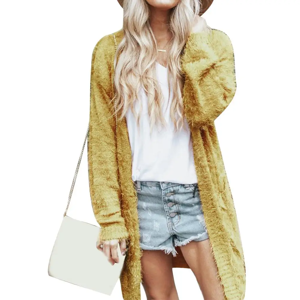 

Winter Warm Women Casual Fluffy Solid Color Long Sleeve Coat Md-long Cardigan