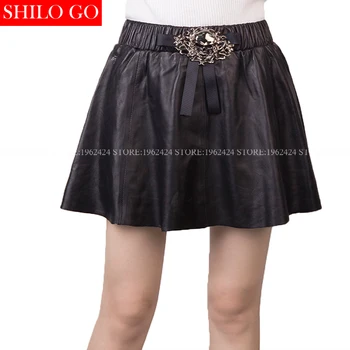 

Plus size autum winter fashion women high quality sheepskin elastic waist sexy punk skull bow A-Line genuine leather skirt 3XL