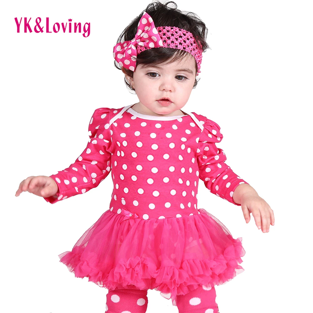 YK&Loving 2Pcs Newborn Baby Girl Clothes Winter Clothing Set Long Sleeve Polka Dot Cotton Romper Tutu Dress Headband Free Ship