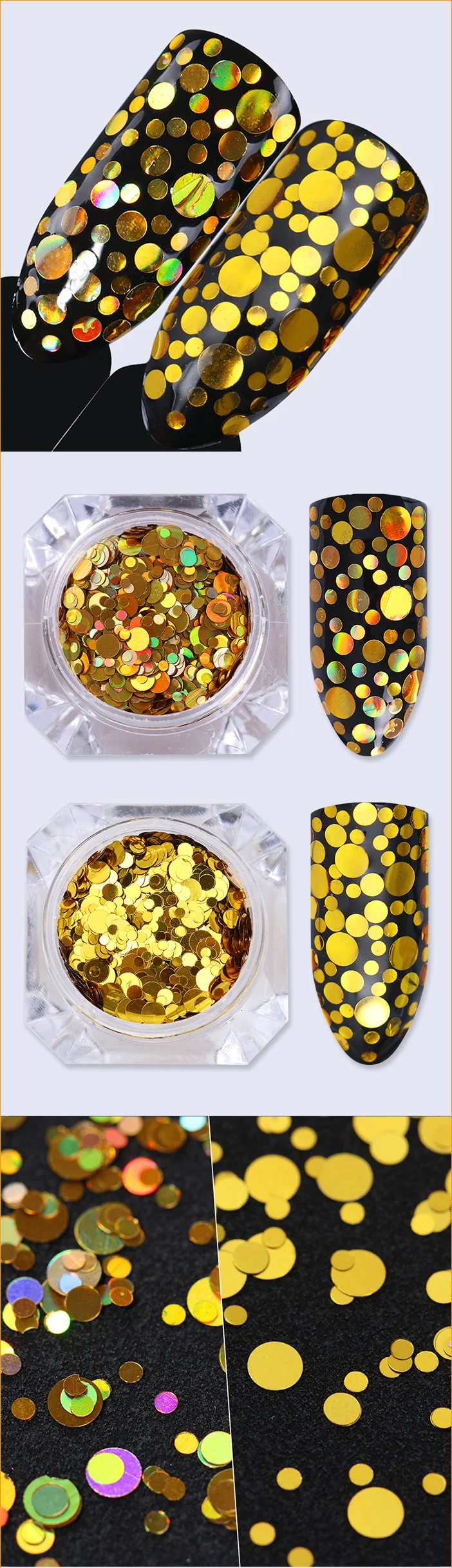 1,5 г голографические серебристые золотые блестки для ногтей смешанных размеров цветные круглые Блестки для ногтей блестки хлопья для маникюра мощность для ногтей