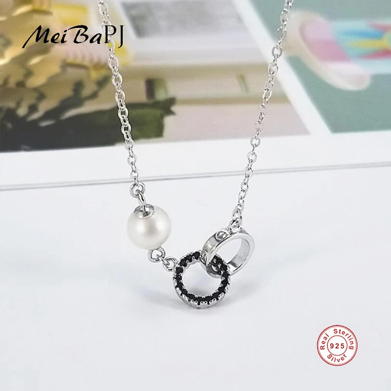 

[MeiBaPJ]Fashion Real Natural Pearl Personality Double Round Pendant Necklace 925 Sterling Silver Pendant Necklace Party Jewelry