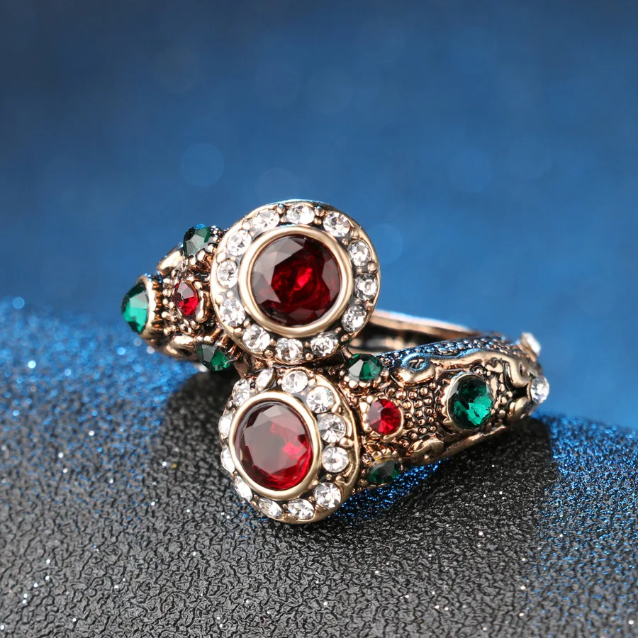 

Vintage Wedding Rings For Women Red Double Head Crystal Sultan Engagement Party Jewelry