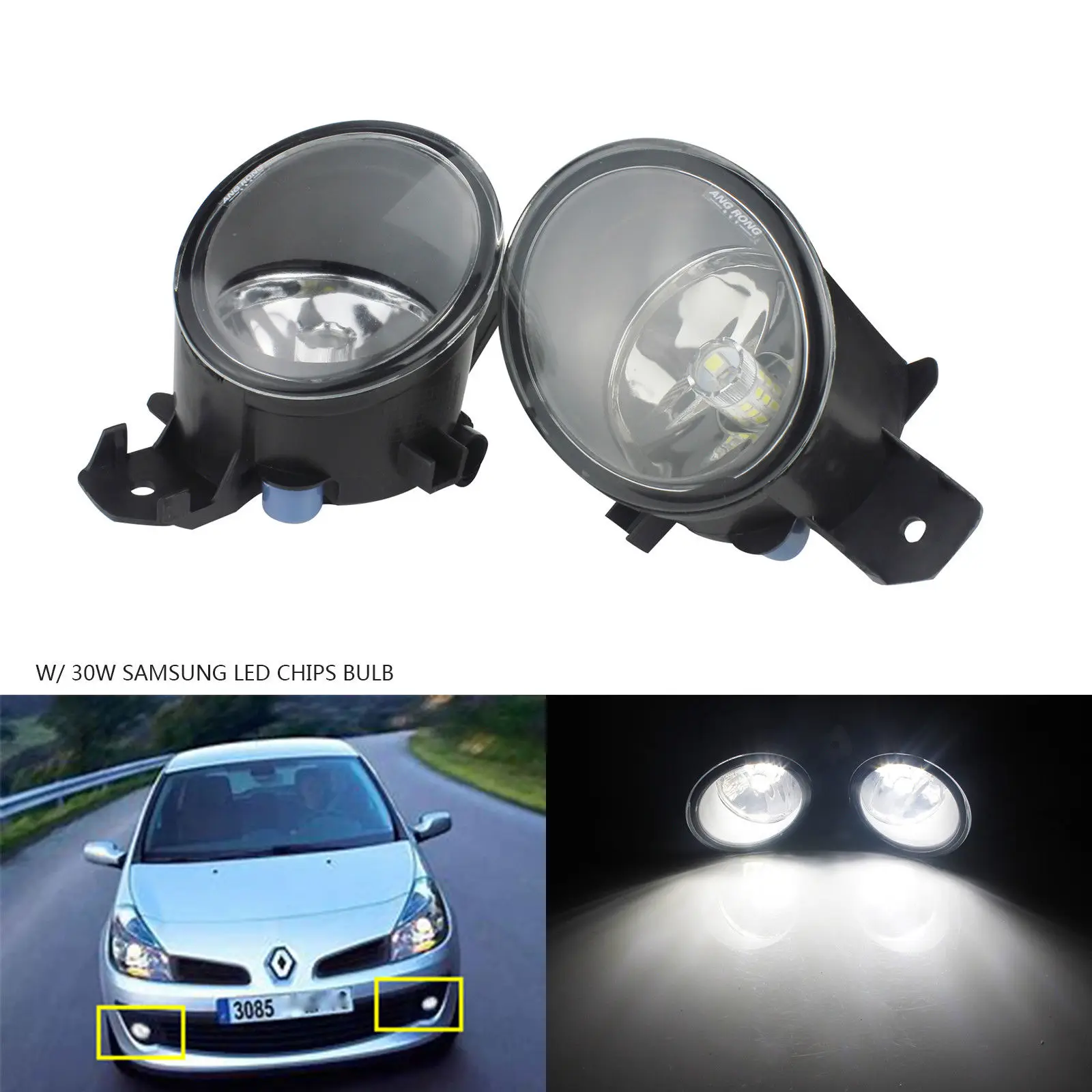  ANGRONG 2x For Renault Clio 2001-2013 Front Bumper Fog Lights With 30W H11 SAMSUNG LED Bulbs - 32911708443