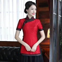 Китайский красный Для женщин кружева короткий рукав блузка благородный женская свадебная одежда традиционный воротник-стойка Тан Топ