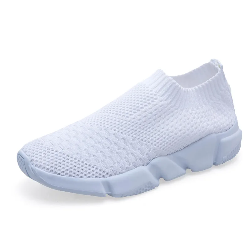 

2019 New Women Sneakers Flyknit Women Breathable White Shoes Slip On Flat Soft Bottom Fashion Sneakers Casual Women Flats B1335