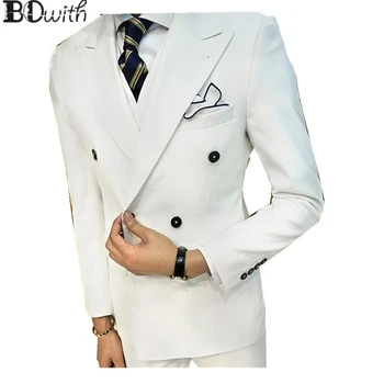 

Double Breasted Wedding Men Suits Peaked Collar White Slim Fit 3 Pieces Suits(Jacket+Pants+Vest) Men Suits Groom Tuxedos