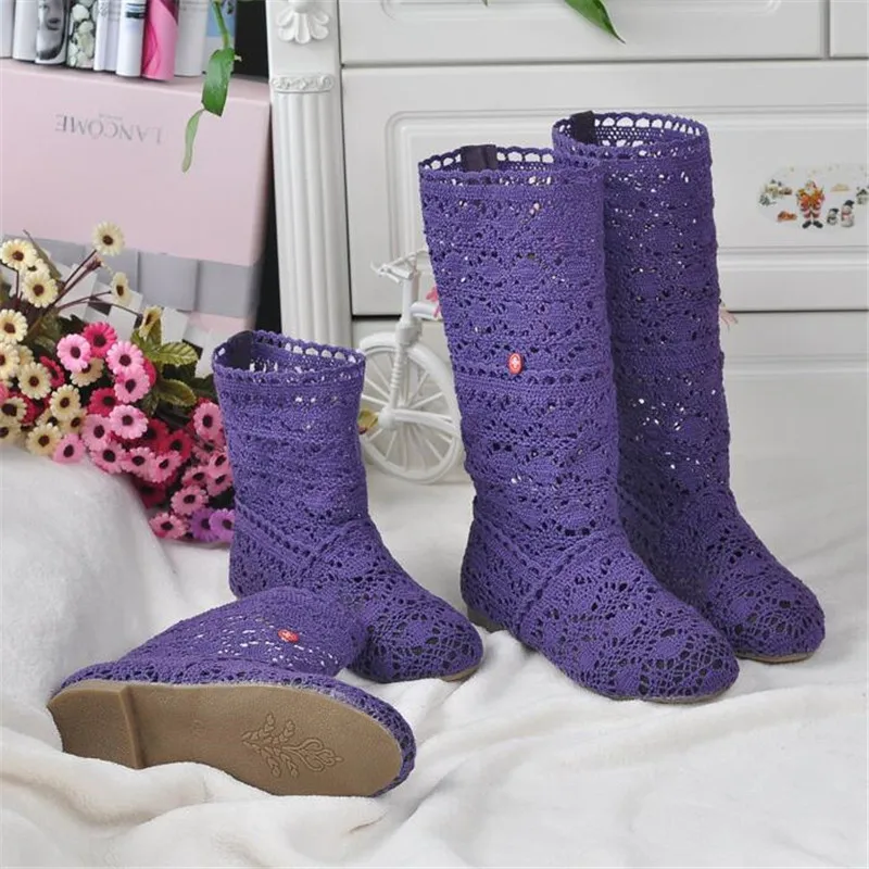 Femininas de Malha Botas de Malha de Fundo Botas de Renda Primavera e Outono Sapatos com Calçados Oca para Primavera e Outono Botas Plano Tubo Alto Baixo Femininas Respiráveis 2021 - 20 Botas de cano médio