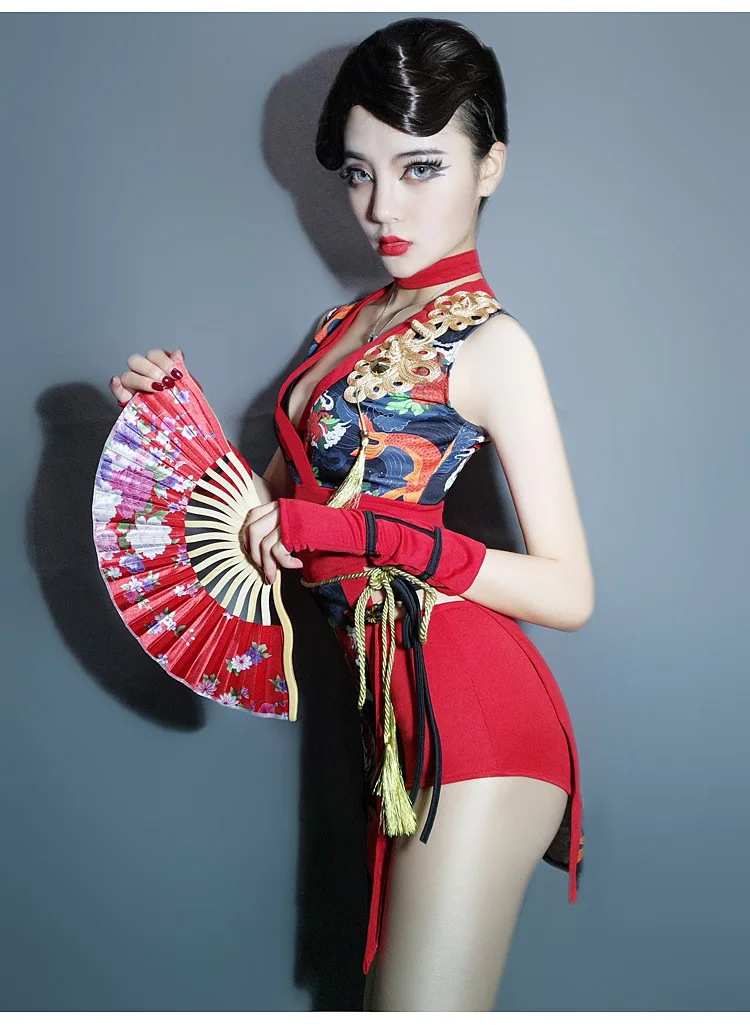 Новая мода ночной клуб бар DJ певица красные пикантные Cheongsam в винтажном стиле Карп дизайн Косплэй Женский печати джаз танцевальные костюмы