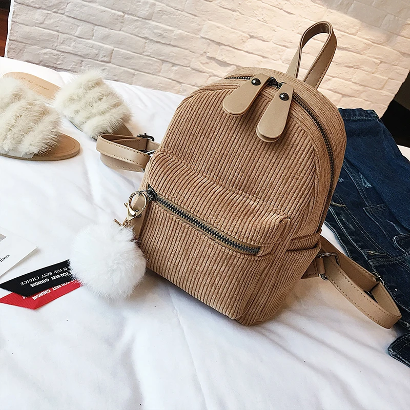 

Preppy Style Soft Fabric Hairball Backpack Female Corduroy Design School Backpack For Teenage Girls Striped Backpack Women