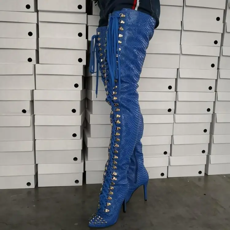 

Designers Thigh High Boots Women Pointed Toe Side Zipper High Heels Gladiators Metal Rivets Ladies Shoes Front Cross Tied Botas