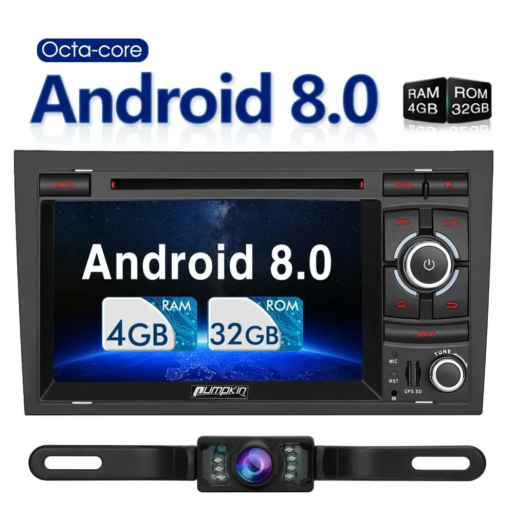 

Pumpkin 2 Din 7''Android 8.0 Car Stereo Octa Core 4GB RAM GPS Navigation for Audi A4 2003-2008 Car Radio DVD Player Wifi 4G OBD2