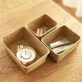 Straw Weaving Picnic Storage Wicker Basket For Toys Fruit Food Bathroom Desk Kitchen Neatening Sundries Organizer Panier Osier 3