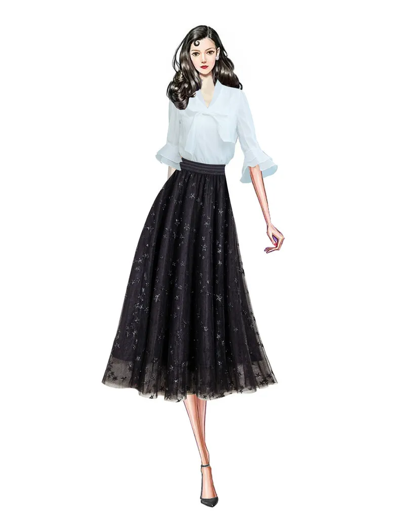 tennis skirt Hot Selling Women's Luxury Mesh Skirt Aline Sequined Stars 2019 Designer Female High Quality Sweet Preppy Skirts Basic Clothing short skirt
