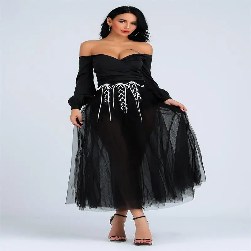 Женская Вечерние чатая юбка пачка на одно плечо с длинным рукавом|Юбки| |
