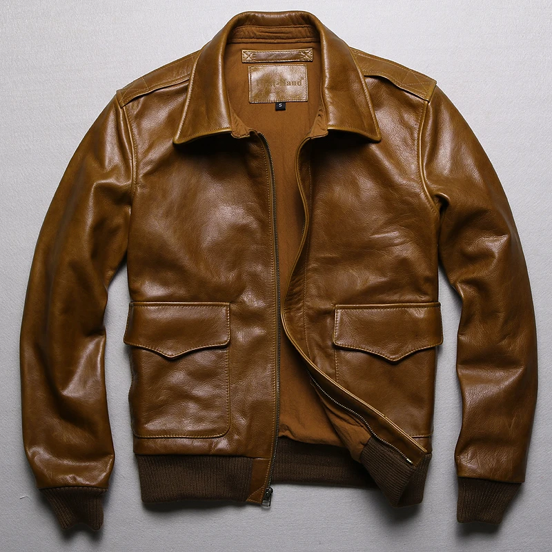

2018 USAF Men Brown A2 Pilot Leather Jacket Plus Size 6XL Genuine Thick Cowhide Men Winter Russian Leather Coat FREE SHIPPING