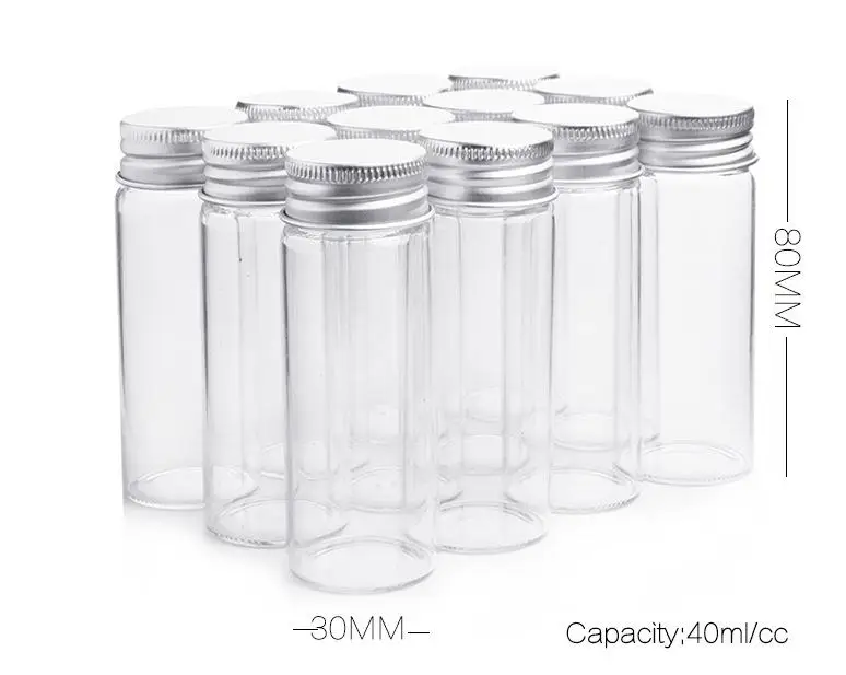 

30x80mm 40ml Transparent Glass Jars With Aluminium Screw Cap Empty Bottles Silver Lids Glass Bottles Gift Vials Jars SN2294