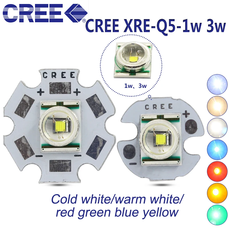 

Freeshipping! 10PCS CREE XRE xre Q5 3W LED Emitter chip light Cool White Warm Red green blue LED with 20mm 16mm 14mm 12mm pcb