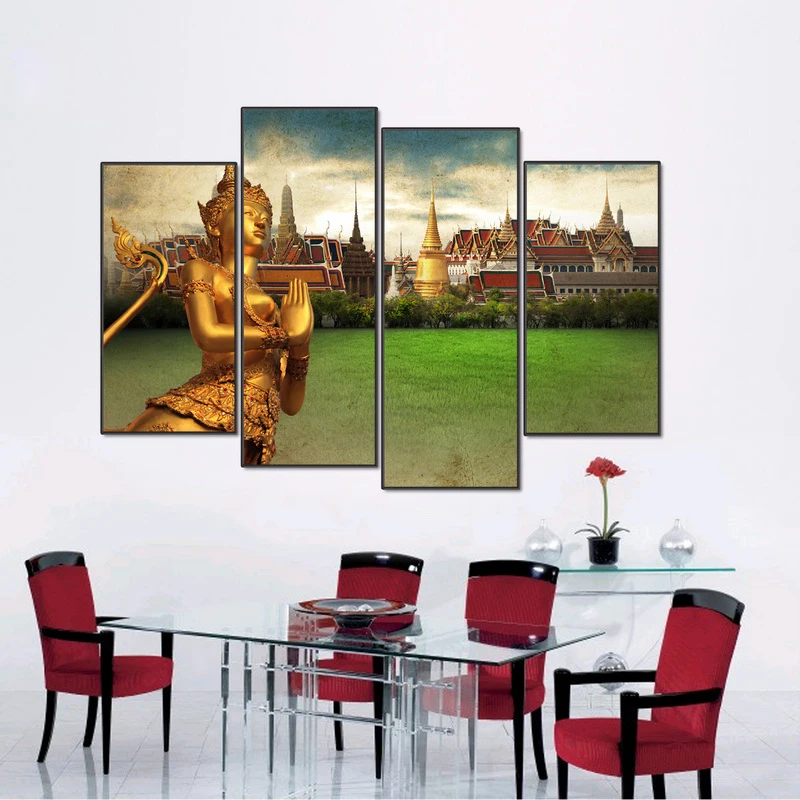 Modular-Wall-Painting-Buddha-4pcs-Canvas-Prints-Poster-Framed-Oil-Painting-Home-Art-Decor-Picture-Gold