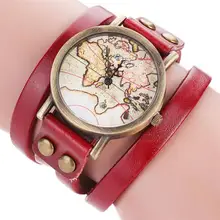 Retro reloj de las mujeres del mundo Mapa de mundo de banda de cuero reloj de pulsera reloj de cuarzo analógico reloj Relogio femenino Vintage