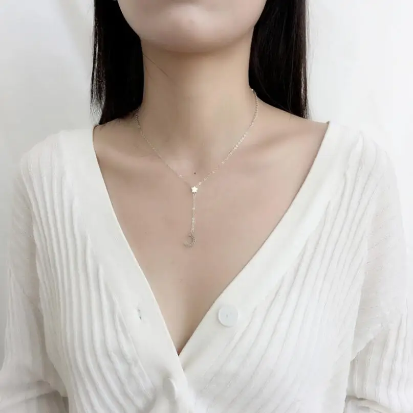 Anenjery, простое модное ожерелье с микро Фианитами, лунной звездой, кисточкой, 925 пробы, серебряное ожерелье для женщин, ожерелье на шею, колье, S-N230