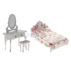 1:12 Дерево кукольный домик миниатюры мебель цветочный кровать подушки детские комплект + туалетный столик куклы декор комнаты