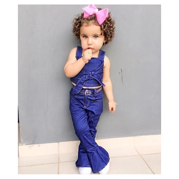

Two Piece Set Toddler Kid Baby Girl Clothes Bowknot Sleeveless Crop Tops Denim Long Pants Fashion Casual Outfits Summer 2019
