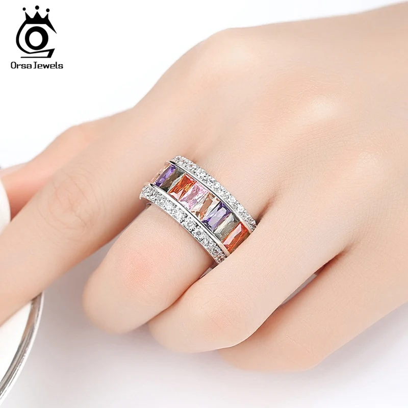 ORSA JEWELS Rainbow Colorful Rings Eternity For Women Classic Wedding & Engagement Band Handmade Female Fashion Jewelry PR50
