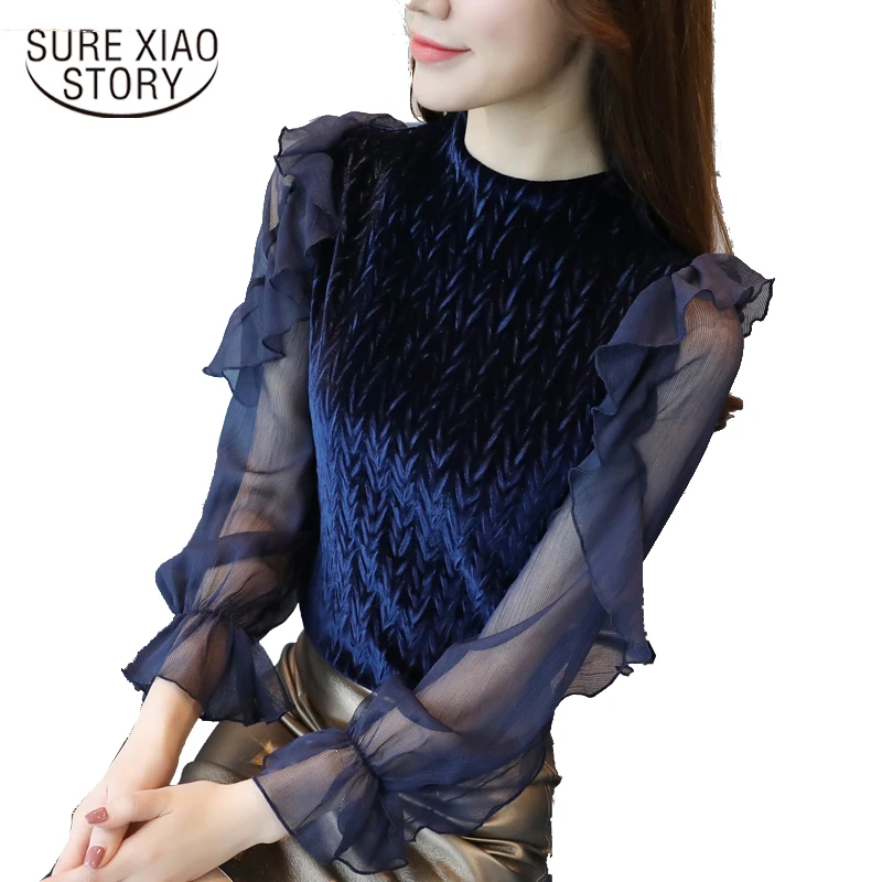 Новое поступление, горячая распродажа, весенняя и осенняя корейская модная женская блузка с v-образным вырезом и длинным рукавом, тонкая кружевная женская рубашка 63C 30