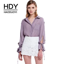 HDY Haoduoyi Apparel Solid Purple Sweet Women Shirts Turn-down Collar Full Sleeve Split Lace-up Belt Lady Tops Casual Blouses HDY Haoduoyi Apparel Solid Purple Sweet Women Shirts Turn-down Collar Full Sleeve Split Lace-up Belt Lady Tops Casual Blouses