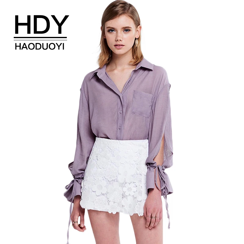  HDY Haoduoyi Apparel Solid Purple Sweet Women Shirts Turn-down Collar Full Sleeve Split Lace-up Bel