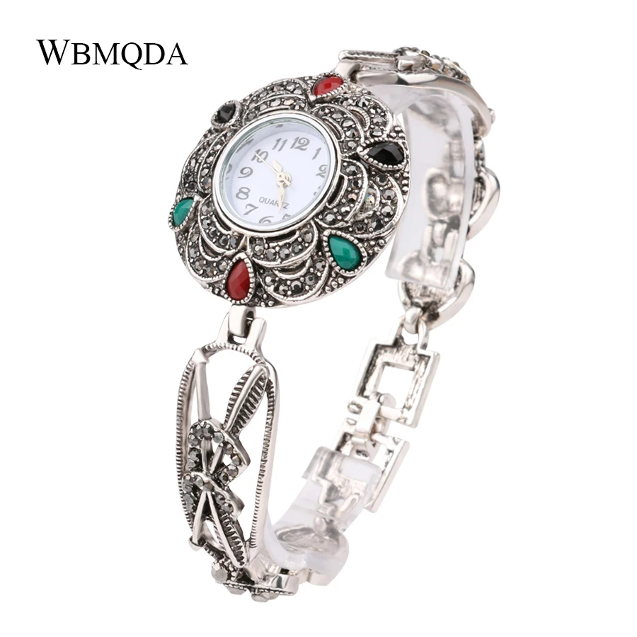 Часы в стиле бохо винтажные хрустальные Серебряные сердце цветок перо металлические часы с браслетом браслеты для женщин модные ювелирные изделия