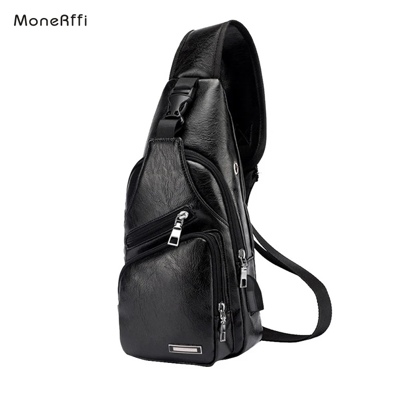 MoneRffi Men's USB Crossbody Chest Bag Male Shoulder Bag Bags Leather Shoulder Bags Package Back Travel