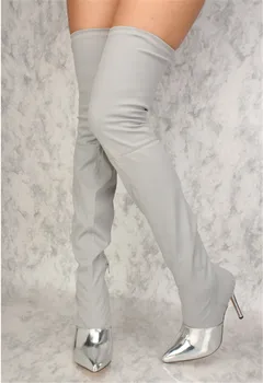 

EMMA KING Women Sock Boots Metal Pointed Toe Stretch Fabric Slip On Over the Knee Boots Stiletto Thigh High Long Boots Women