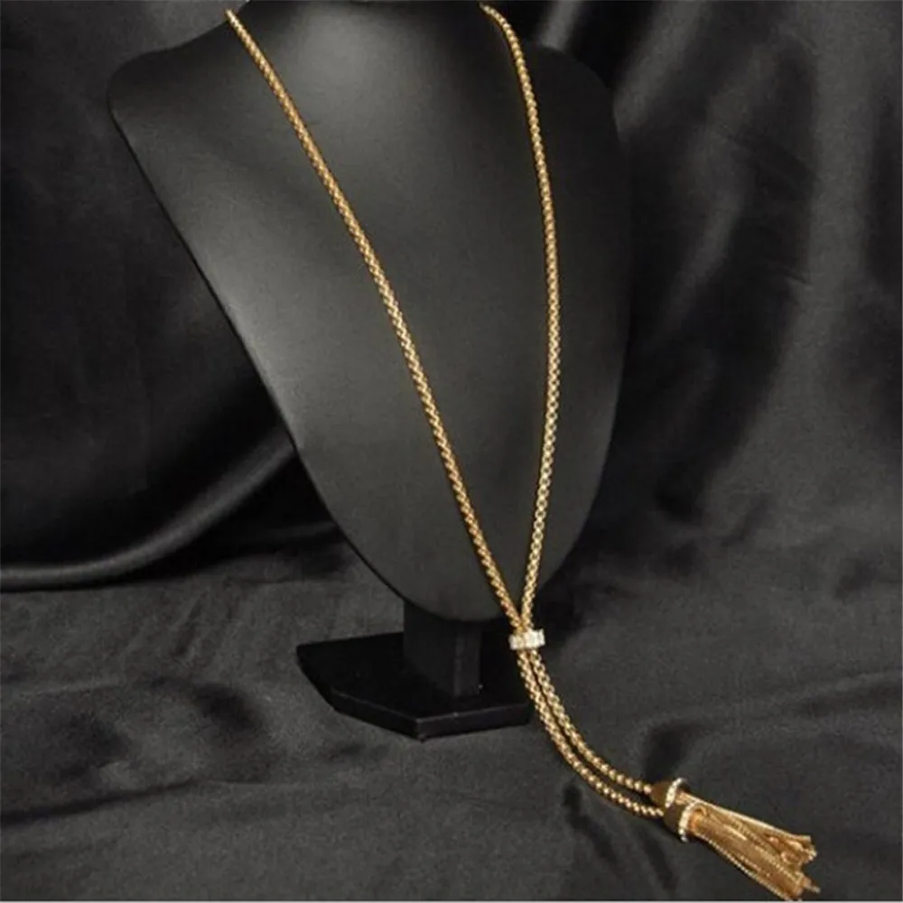 

Fashion Woman Double Tassel Pendant Sweater Necklace Chunky Choker Charm Long Chain Rose Gold Color collier sautoir long
