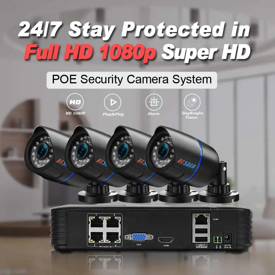 Система видеонаблюдения BESDER Full HD 1080P 4 шт. IP камеры для помещений и улицы канальный