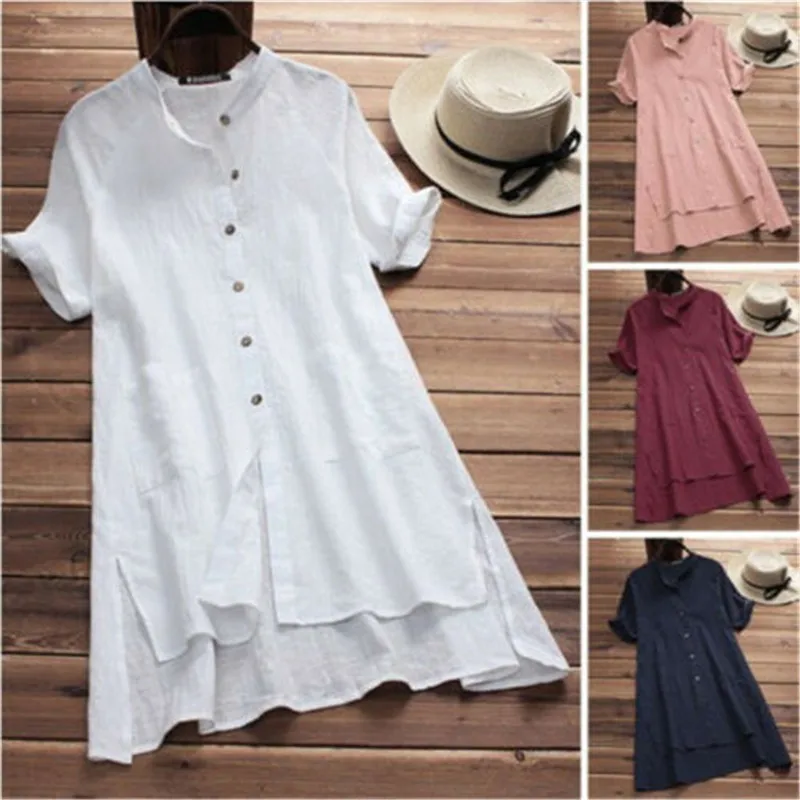 

Plus Size Summer Dress Women Short Sleeve Shirt Button Tunic Dresses For Women Vintage Casual Solid Sundress Sarafans Vestidos