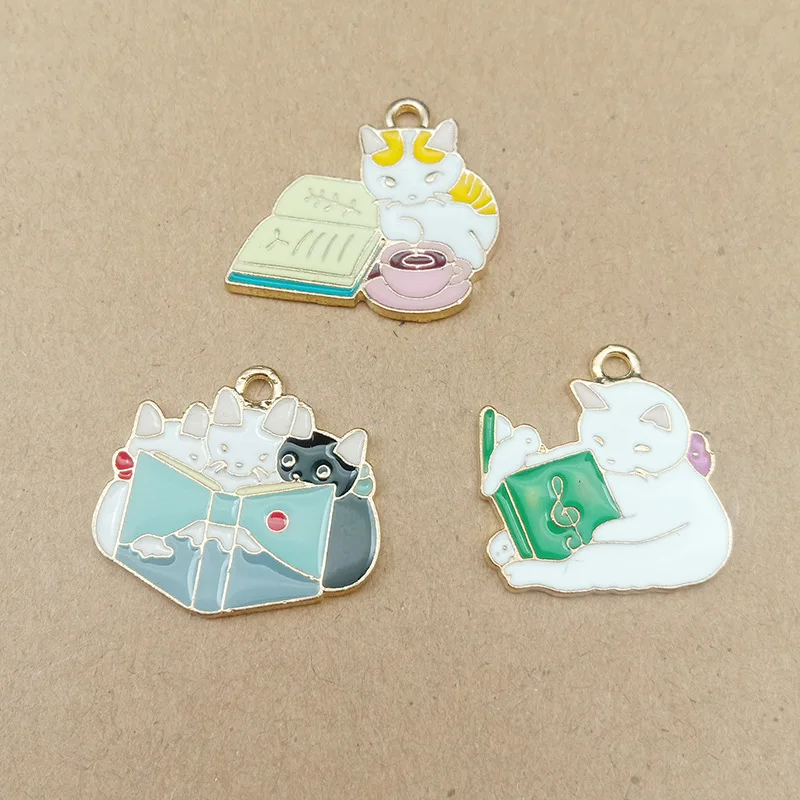 

10pcs enamel charm reading cat charm for jewelry making and crafting earring charm fashion pendant necklace charms