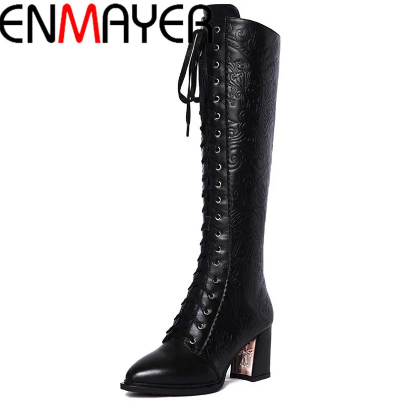 ФОТО New High Boots Women High Heels Leather Motorcycle Women Lace Knee High Boots Winter Shoes Fashion Knight Boots Sale hot
