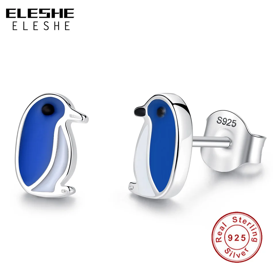 ELESHE милые маленькие синие эмалированные пингвина 925 стерлингового серебра серьги-гвоздики для женщин, девушек, детей, детей, ювелирные изделия
