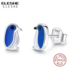 ELESHE милые маленькие синие эмалированные пингвина 925 стерлингового серебра серьги-гвоздики для женщин, девушек, детей, детей, ювелирные изделия