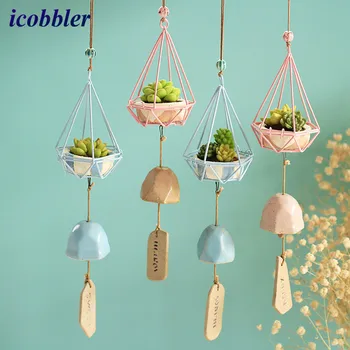 

Hot Decoration Crafts Wind Chimes Handmade Wall Hanging iron cage fleshy psychedelic Campanula ceramic resin ornaments