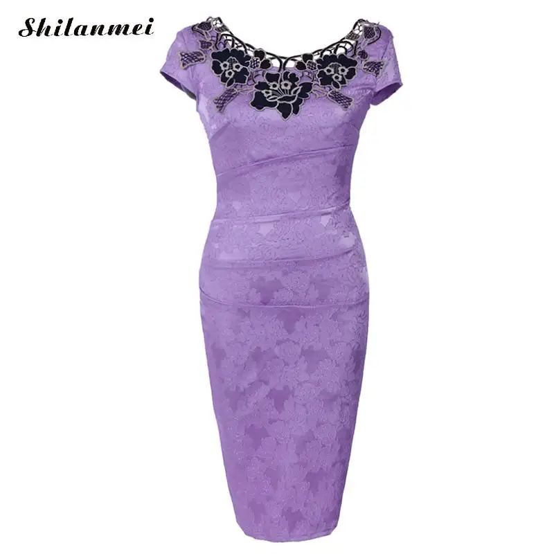 Женское элегантное вязаное кружевное платье с цветочной вышивкой, Повседневные Вечерние платья для матери невесты, для особых случаев, облегающее цельнокроеное платье, костюм - Цвет: light purple