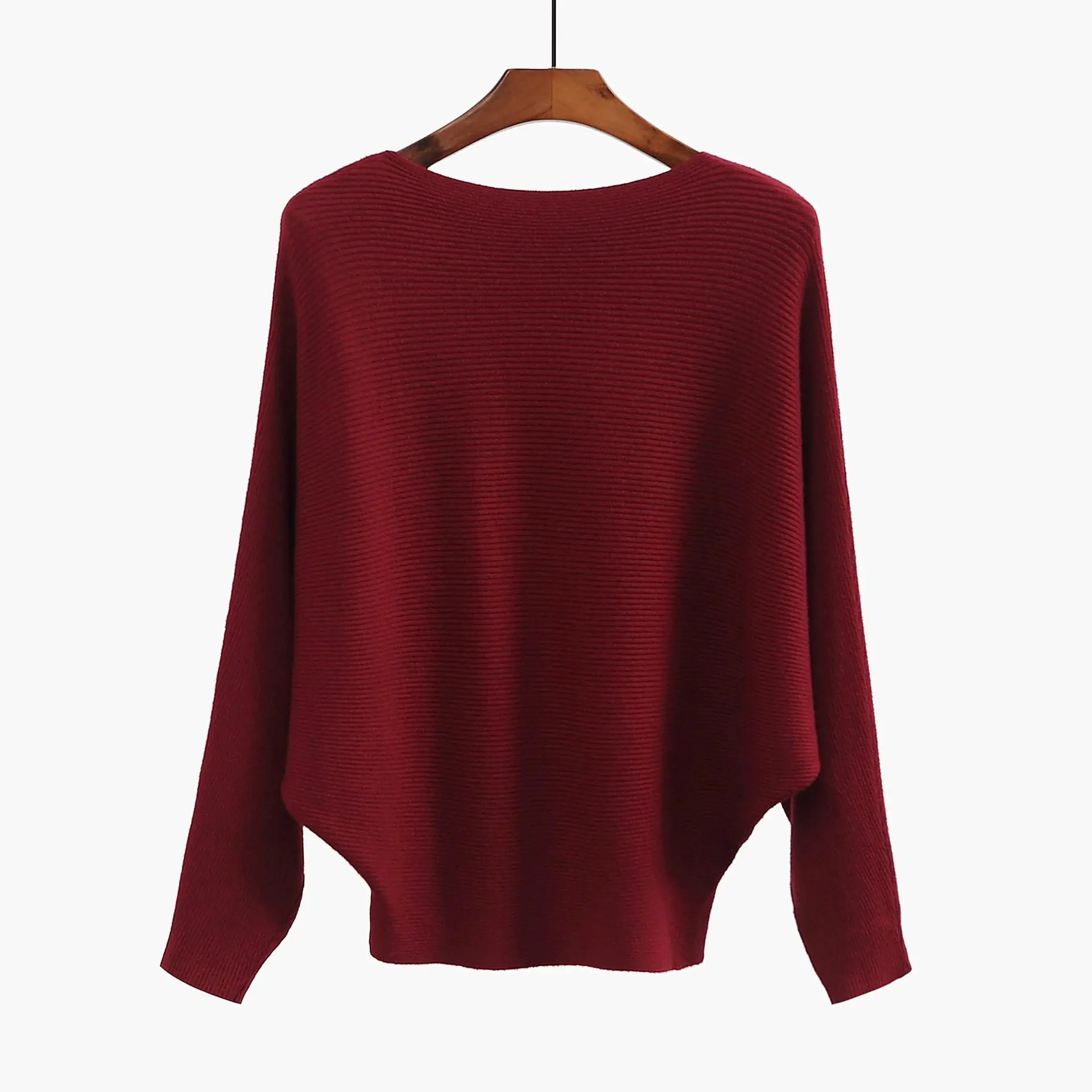 Осенний пуловер с вырезом лодочкой, женский свитер, однотонный, серый, хаки, рукав летучая мышь, вязанная блузка для женщин, свободные повседневные топы для девушек, GJ266 - Цвет: Бургундия