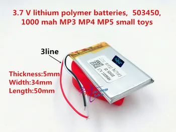 

Li-Po 3 line 3.7V,1000mAH,[503450] PLIB; polymer lithium ion / Li-ion battery for GPS,mp3,mp4,mp5,dvd,,model toy